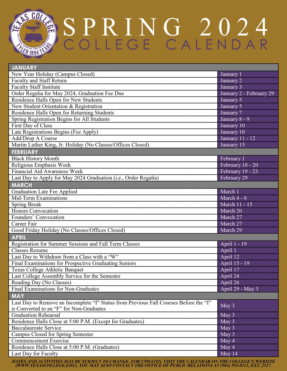 Spring 2024 College Calendar Spring 2024 College Calendar