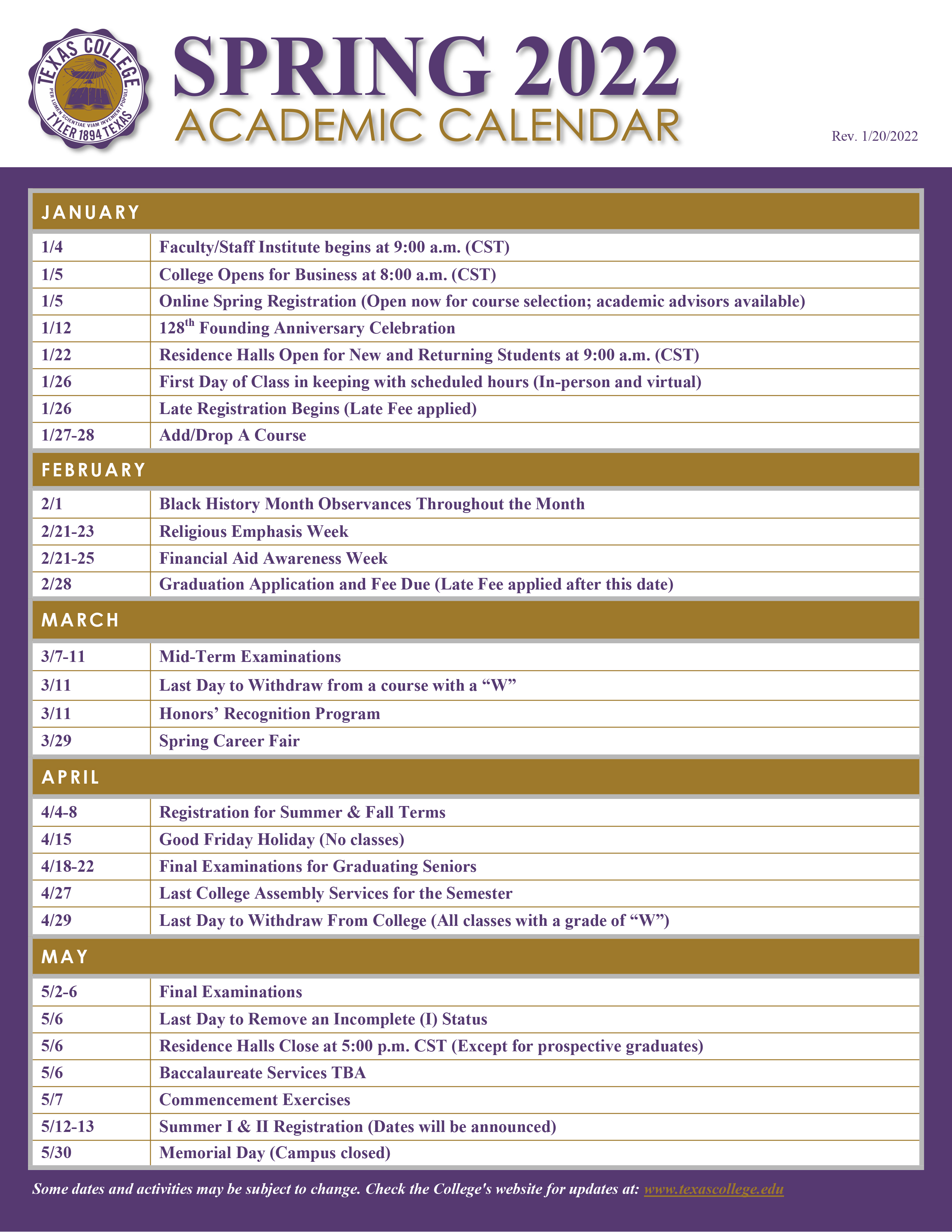 Spring 2022 Academic Calendar